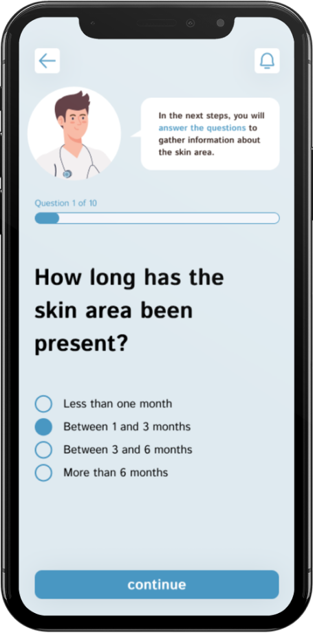 Ein Screen der Hautscreening App der Fragen stellt zu betroffenen Hautstellen.