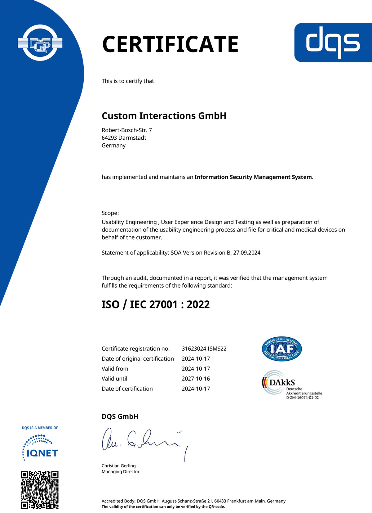 Unser ISO 27001 Zertifikat.